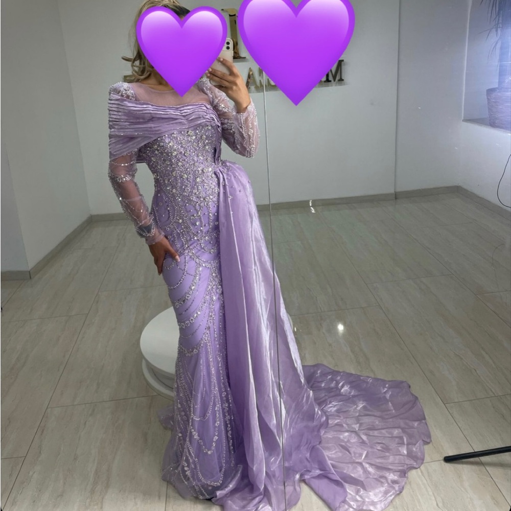 Purple Embellished Off the Shoulder Long Sleeve Gown